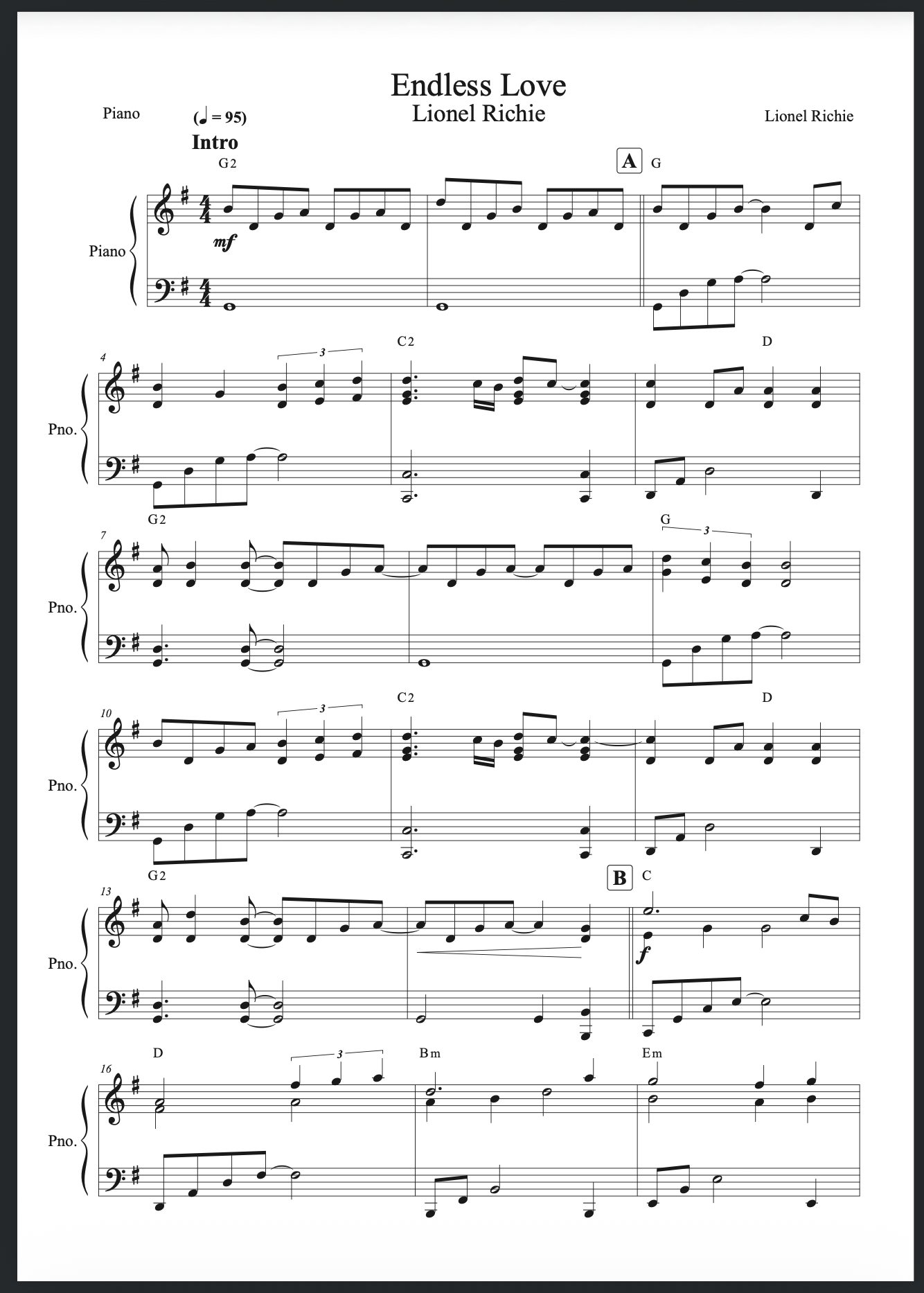 Prévia da partitura de piano de Endless Love
